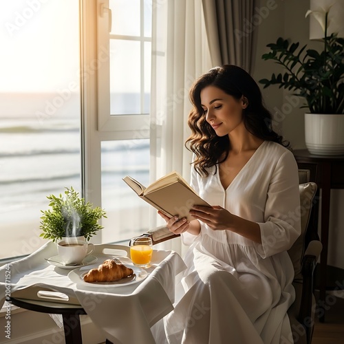 Woman enjoys coffee, croissant, and book by sunlit beach window