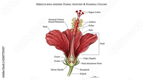 Foto A detailed illustration of a red hibiscus flower showcasing its stigma, anthers, and petals