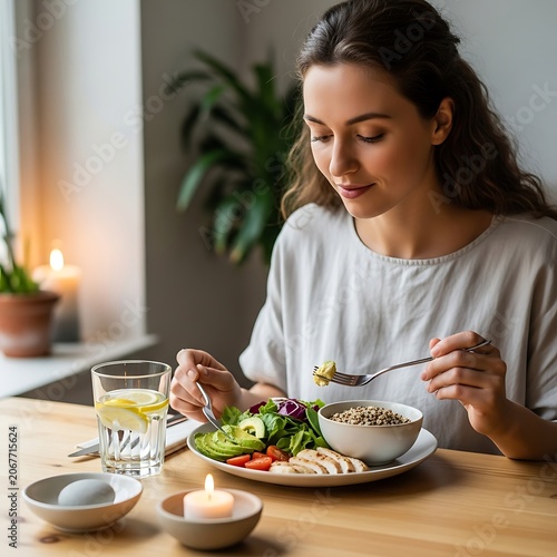 Woman enjoys healthy meal with fresh ingredients and candlelight ambiance