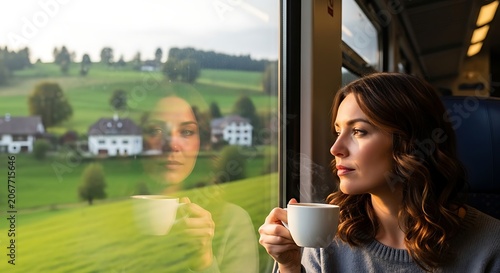 Woman enjoys coffee, gazing thoughtfully at rolling green hills and houses from a train