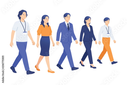 Flat vector illustration of diverse business team walking forward