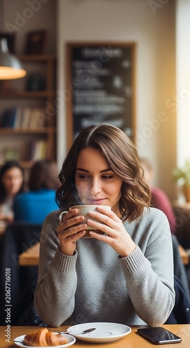 Woman enjoys warm coffee and croissant in cozy cafe, warm sunlight