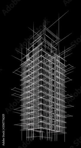 Wireframe architectural rendering of a modern skyscraper against a black background
