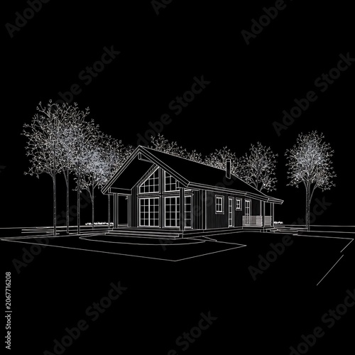 Wireframe architectural sketch of a modern, single-story house with large windows, nestled among trees