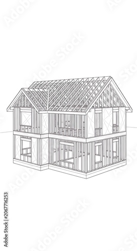 Wireframe architectural sketch of a two-story house under construction, showing structural framing