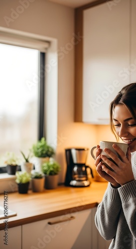 Woman enjoys warm beverage in sunlit kitchen with plants