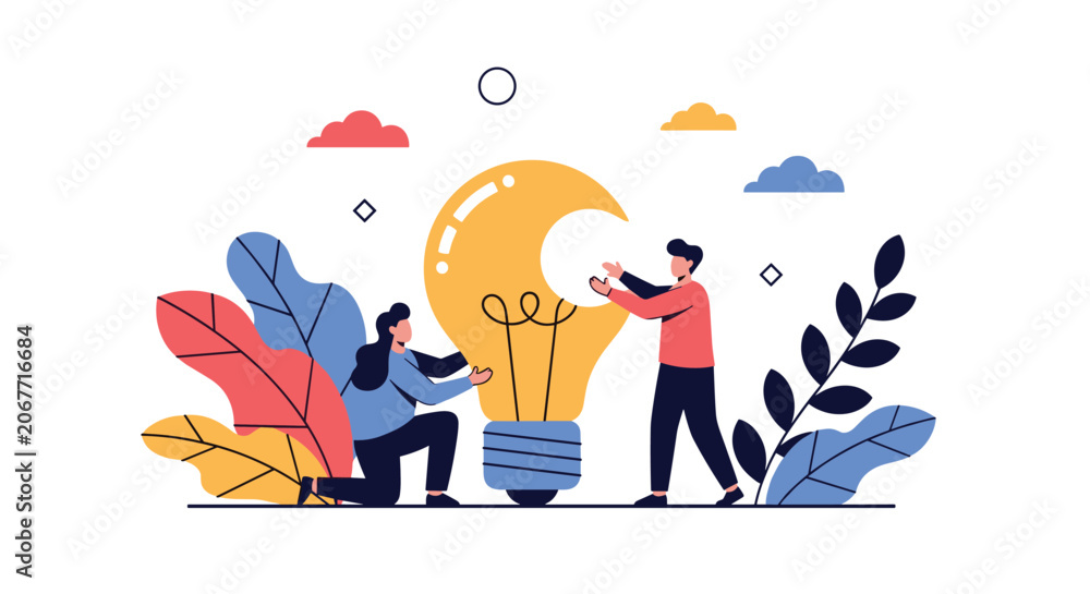 Obraz premium Two people working together to assemble a large glowing yellow lightbulb representing team brainstorming and innovation concepts.