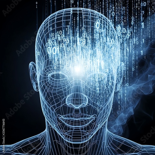 Wireframe human head with binary code flowing from brain, representing data
