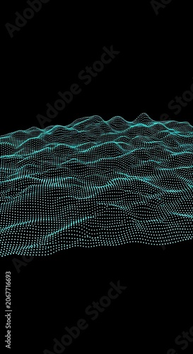 Wireframe mesh representing undulating terrain in glowing cyan against black