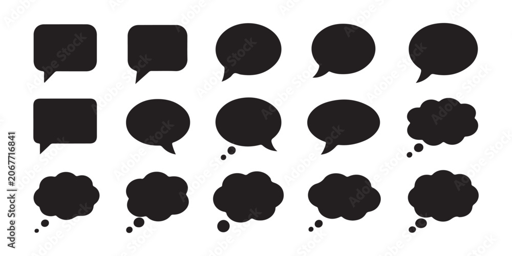 Fototapeta premium Set of black comic speech bubbles and thought clouds isolated on transparent checkered background.