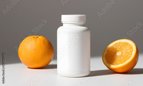 Orange and Vitamin Bottle on Table