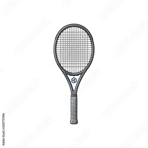 Schilderij op canvas Modern Gray Tennis Racket With Strung Head, Wrapped Grip Handle And Subtle Blue