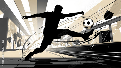 Dynamic Soccer Player Kicking Ball in Urban Environment.