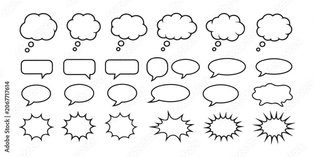 Obraz premium Set of outline comic speech bubbles and thought clouds isolated on transparent checkered background.