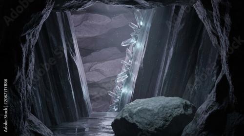 Hidden glacial fairy cave with towering translucent crystal ribs, icy quartz shards, shadowed stone portal, misty silver glow, and a solitary boulder creating a mysterious fantasy cavern landscape