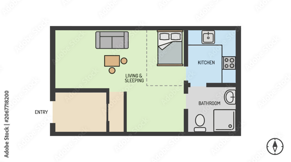 Fototapeta premium Minimalist one-bedroom apartment floor plan with modern layout
