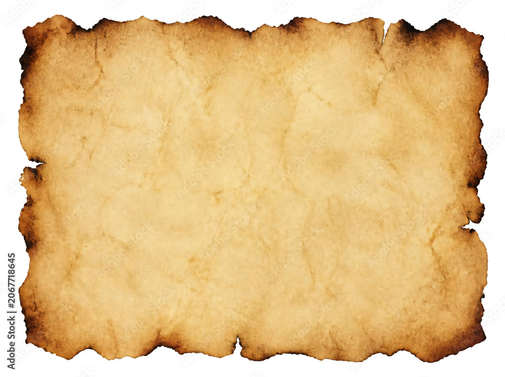 Fototapeta premium Burnt sheet of old parchment isolated on transparent background.