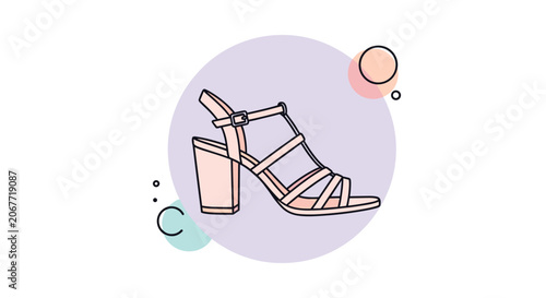 Stylish beige high-heeled sandal with multiple thin straps is shown against a soft purple circular background.