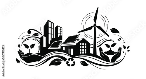 eco friendly cityscape with wind turbine and green technology