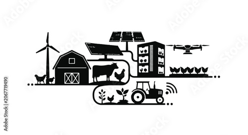Sustainable farming technology illustration with solar panels and drone