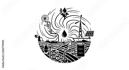black and white illustration of industrial pollution