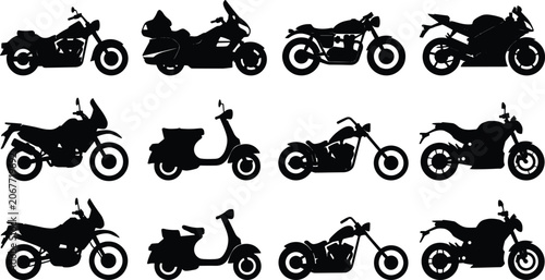 Foto Collection of solid black motorcycle silhouettes featuring sportbikes, cruisers,