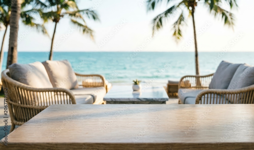 Obraz premium Coastal Outdoor Lounge with Rattan Furniture and Ocean View for Relaxation Concept