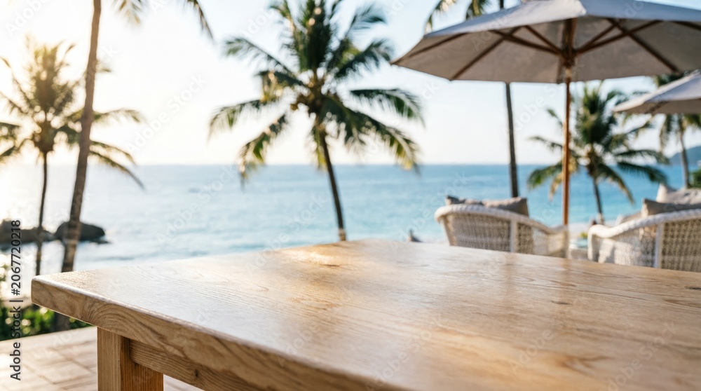 Fototapeta premium Wooden Table by Ocean with Palm Trees and Umbrellas for Relaxation Concept