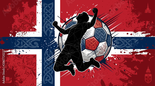 Excited Soccer Player Silhouette Jumping in Front of Grunge Norway Flag Design with Artistic Geometric Patterns