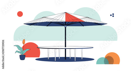Картината върху платно Modern patio umbrella covering a circular outdoor table surrounded by a potted plant and colorful abstract geometric shapes in background