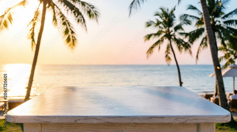 Fototapeta premium White Wooden Table on Tropical Beach at Sunset for Product Display