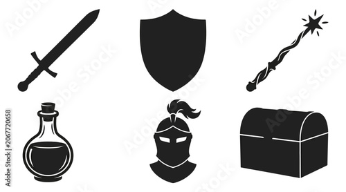 Cuadro en lienzo Fantasy game items silhouette vector set, sword, shield, magic wand, potion bott