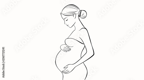 Contour line drawing of a pregnant woman's silhouette figure hugging her belly on a white background with copy space.