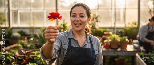 Joyful female gardener holding vibrant red flower smiling in sunny greenhouse filled with various plants showcasing horticultural passion and dedication