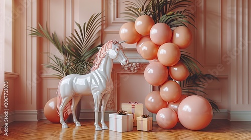 Beige Balloons and Gift Box on a Neutral Background  