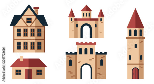 Diverse collection of building illustrations featuring various house styles castle gates and a tall stone tower for architectural design.