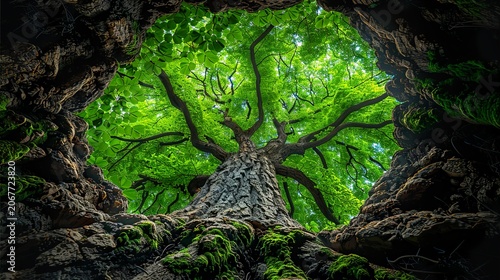  Below the Oak Tree – Stunning Upward View of Lush Green Forest Canopy and Blue Sky Through Majestic Oak Branches in Natural Woodland