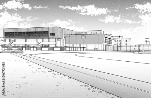 漫画風ペン画イラスト　学校_グラウンド