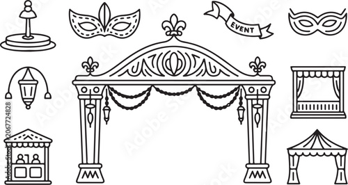 Mardi Gras, carnival, masquerade icons, black and white, vector illustrations