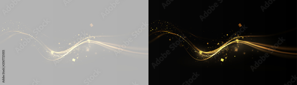 Fototapeta premium golden magic dust arc on gray and black background, realistic glowing gold holiday sparks trail overlay