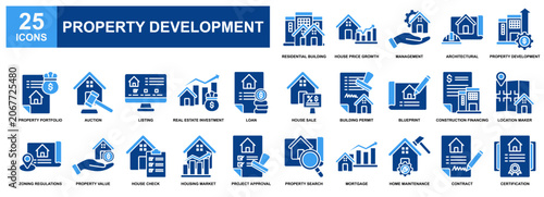 Property Development icon set collection. Containing design Architectural, Management, Property Portfolio, Blueprint, Mortgage