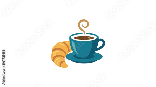 Konstfotografi Hot Coffee Cup and Croissant Breakfast Meal.