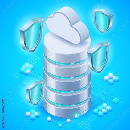 clean 3D isometric illustration of a modern cloud database tower surrounded by floating digital data blocks,  glowing network lines,  and abstract server infrastructure