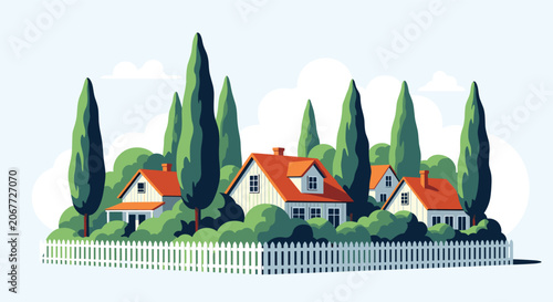 Foto Charming residential neighborhood featuring houses with orange roofs nestled among tall green cypress trees behind a white picket fence