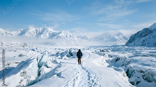 Lone hiker walks through vast snowy glacier landscape with mountains