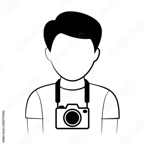 Professional photographer vector icon, man with camera around neck for creative portrait