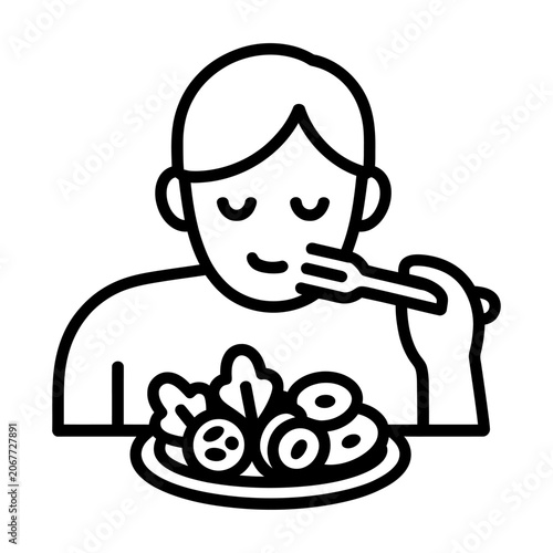 Healthy eating person vector icon, man enjoying fresh salad meal for nutrition concept