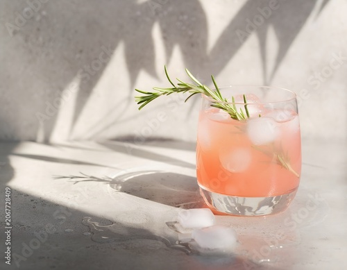 refreshing glass of pink grapefruit cocktail with a rosemary sprig garnish and crystal clear ice cubes on a sunlit table for a vibrant summer beverage concept