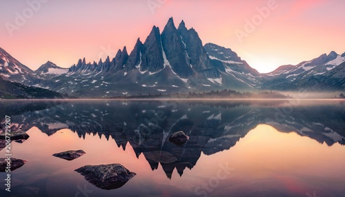 mirror lake reflecting a massive jagged mountain range at sunrise,  capturing beautiful golden hour lighting and breathtaking fine art nature photography scenery