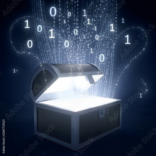 sleek 3D render of an open treasure chest with glowing white light and binary code streaming out to represent data protection,  cybersecurity wealth,  and valuable digital assets discovery
